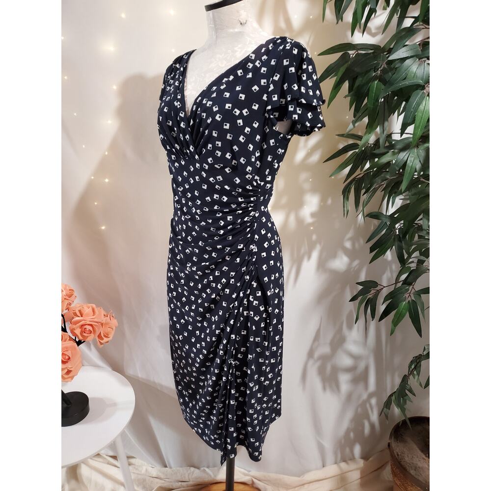 Lauren Ralph Lauren Faux Wrap Stretch Ruched Midi Dress Size 10 Navy Blue Square - Picture 2 of 12